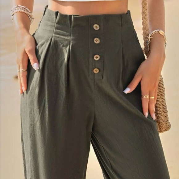 Frenchy High Waist Button Fly Fold Pleated Pants - Picture 2 of 5